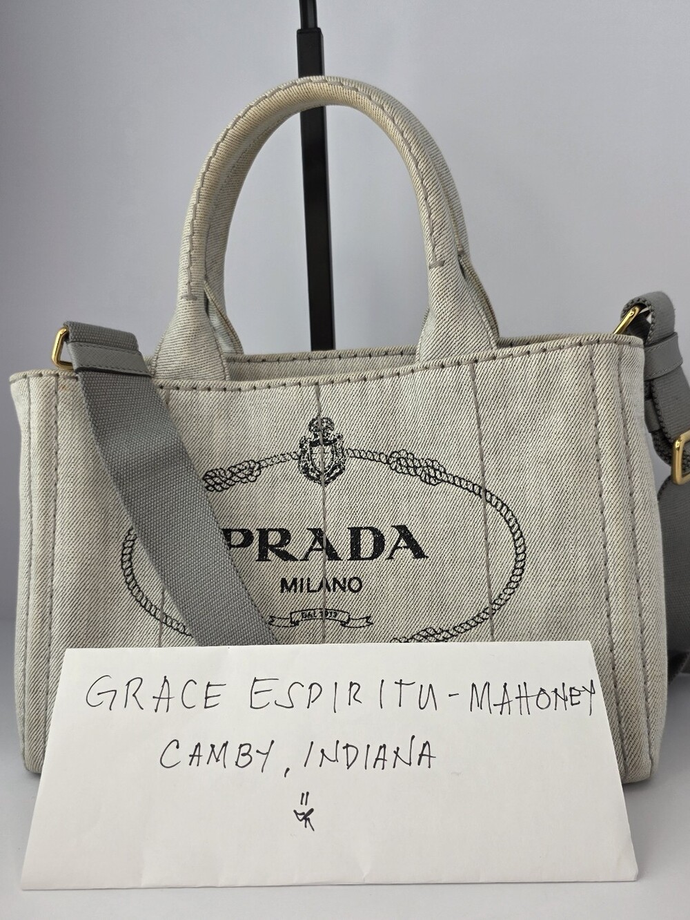 Prada Canapa Small Denim Tote Bag Light Gray w/ Strap & Dust Bag